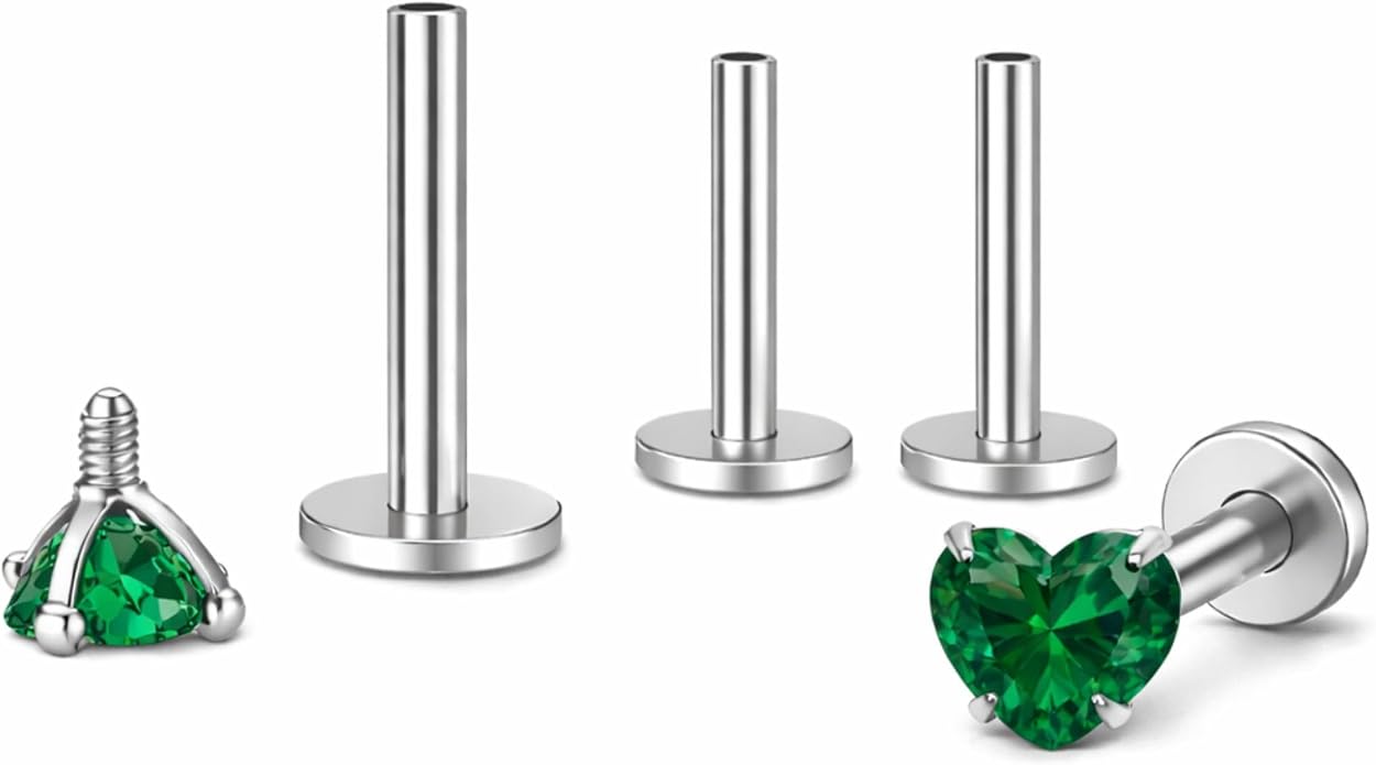 Titanium Heart CZ Labret Stud Earrings for Piercings by Ginger Lyne 6Pc Set G23 Screw Front Flat Back Body Jewelry 2 pair post 6mm, 8mm Cartilage, Helix, Tragus, Lip, Conch, Lobe