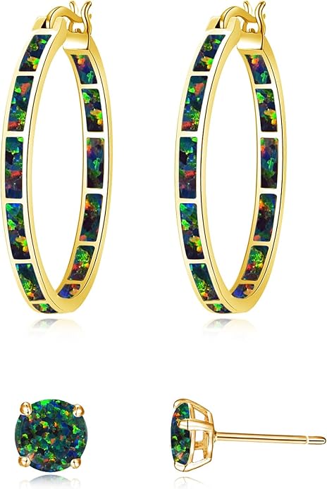 CiNily Opal Hoop Earrings,Women Jewelry Rhodium Plated/Rose Gold or Yellow Gold Plated Gemstone Big Hoop Earrings 32mm