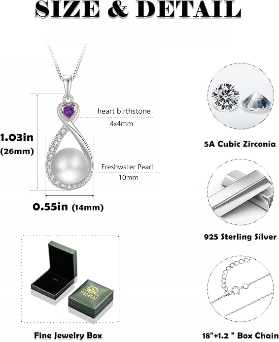 Heart Birthstone Pearl Pendant Necklace, 925 Sterling Silver Infinity Necklace with 10mm Freshwater Cultured Pearl & 4mm Gemstone Jewelry for Women
