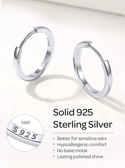 ChicSilver 925 Sterling Silver Huggie Hoop Earrings Small Hoop Earrings for Women Hypoallergenic Silver Huggie Earring Cartilage Earrings for Women (6/8/10/12/14/16/18/20MM)