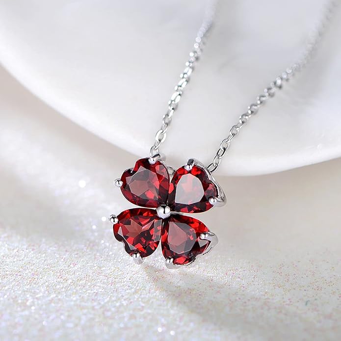 JIANGXIN Colorful Birthstone 925 Sterling Silver Handmade Pendant Necklace for Women Lucky Four Leaf Clover Plant Shamrock Jewelry Rhodium Plated