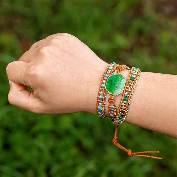 YGLINE Boho Handmade Wrap Leather Tube Crystal Stone Bracelet for Women