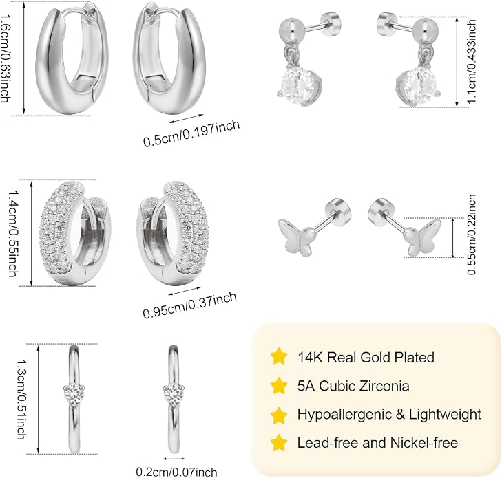 Small Chunky Stud Hoop Stacks Earrings for Women Hypoallergenic Silver Gold Flat Back Stud for Sensitive Ears Small 14K Gold Plated Huggie Cubic Zirconia Cartilage Earrings Set for Multiple Piercing Jewelry Gifts for Women 5 Pairs