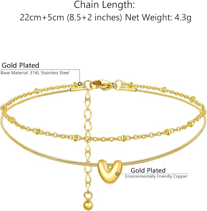 ChainsProMax Initial Ankle Bracelets for Women, Waterproof Anklets Bracelet Adjustable Summer Beach Women Foot Jewelry, Stainless Steel/Gold Plated-Send Gift Box/Letter A-Z