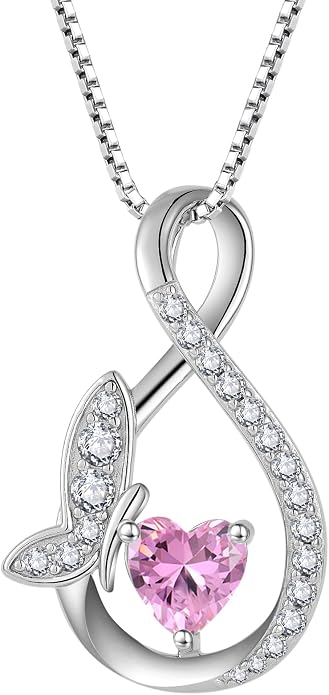 Infinity Butterfly Necklace for Women 925 Sterling Silver Heart Birthstone Created Gemstone Pendant Jewelry Gifts for Women Her