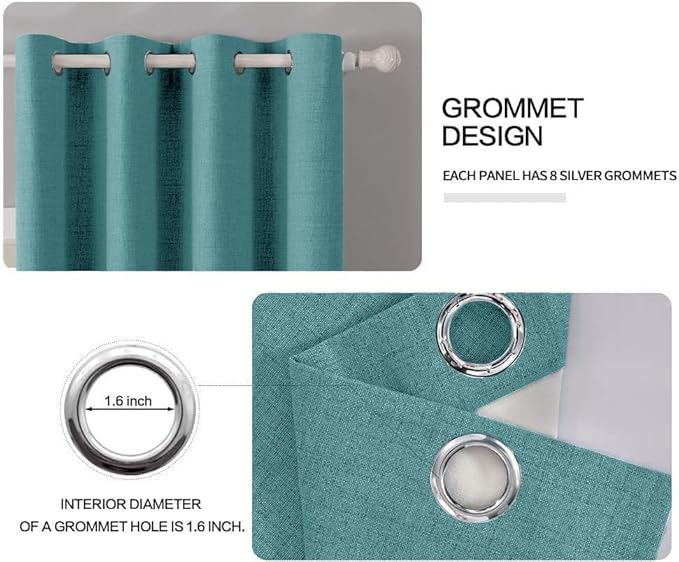 MIULEE 100% Blackout Linen Textured Curtains for Bedroom Solid Thermal Insulated Teal Grommet Room Darkening Curtains & Drapes Luxury Decor for Living Room 52 x 54 Inch (2 Panels)
