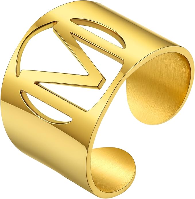 KeyStyle Bold Initial Letter Rings Adjustable, GoldChic Jewelry Women Gold Statement Ring Personalized Engraved Women’s Open Signet Ring for Party (Gold, White Gold, Black)