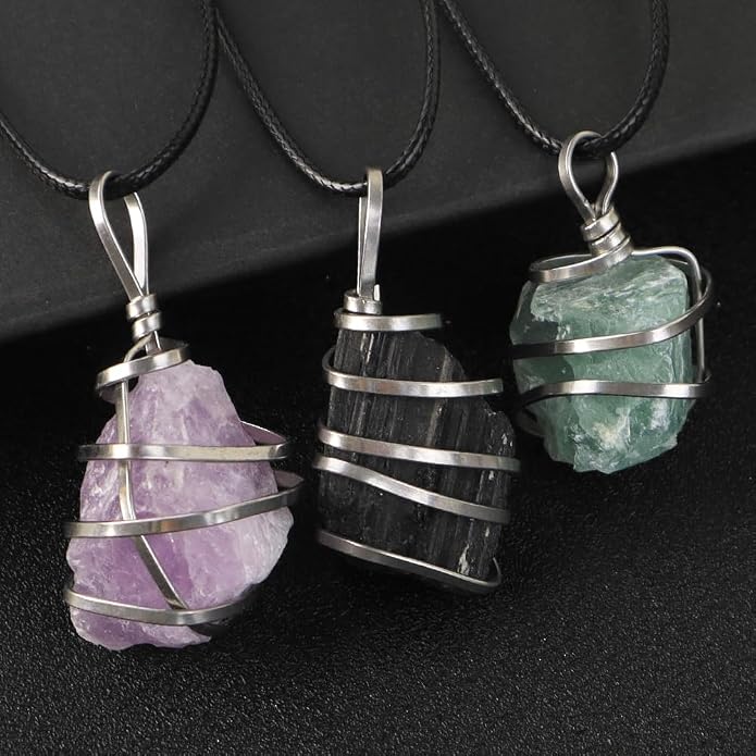 Natural Gemstone Pendant Necklace For Men & Women Spiritual Jewelry Wire Wrapped Gemstone Chakra Necklaces Real Stones For Him & Her