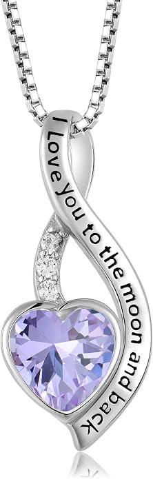 I Love You to The Moon and Back Necklace for Women, 925 Sterling Silver Heart Birthstone Pendant Necklace Jewelry Anniversary Birthday Gifts for Girls Women Wife Mom Daughter
