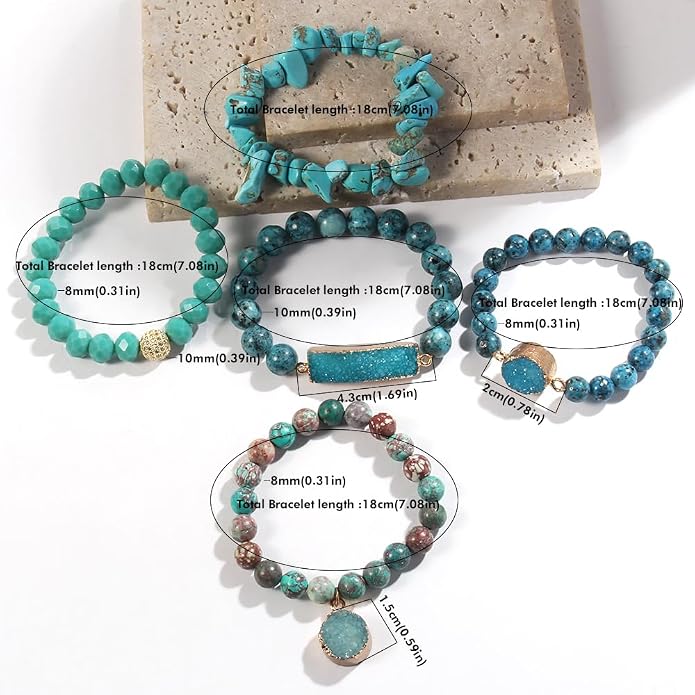 Yomisa 5PCS 6PCS Natural Boho Beaded Bracelets/Bangle for Women Men,Healing Turquoise Jasper Agate Crystal Gemstone Stone Chakra Multilayer Wrap Bohemian Handmade Jewelry Beads Stretch Bracelet Set