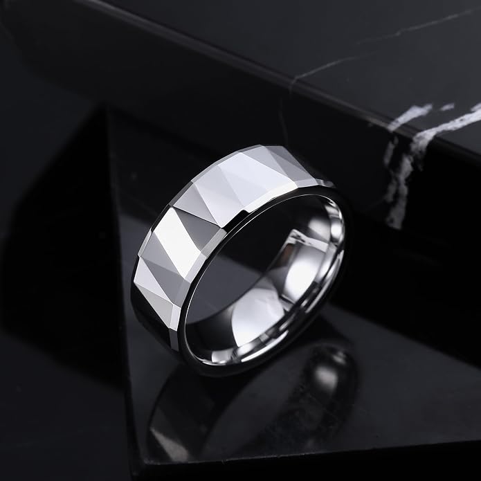 THREE KEYS JEWELRY 2mm 8mm Silver Tungsten Carbide Wedding Band for Men Women, Basic Hammered Multi-Faceted Polished Finish Stackable Engagement Ring Comfort Fit