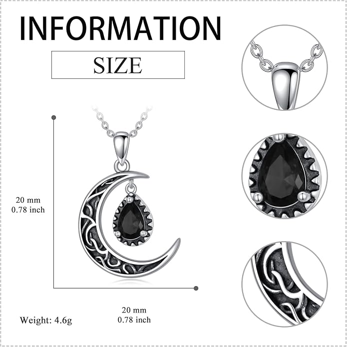 VONALA Crescent Moon Necklace Sterling Silver Emerald/Red/Purple/Black/Rainbow Topaz/Green/Aquamarine/Blue/Moss Agate Celtic Moon Teardrop Necklace Celtic Jewelry Gifts for Women Birthday