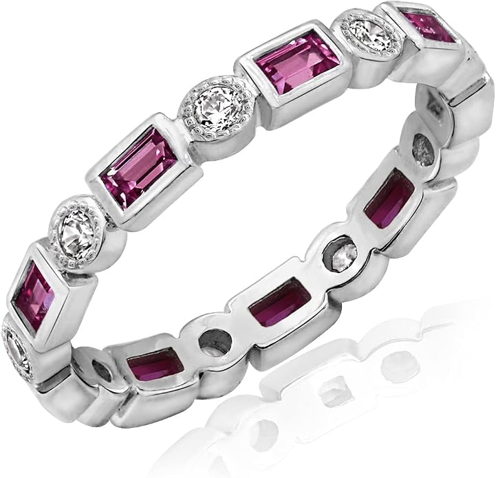Amazon Essentials Platinum-Plated Sterling Silver Created Gem Eternity Band Ring set with Infinite Elements Cubic Zirconia Accents
