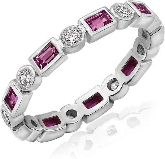 Amazon Essentials Platinum-Plated Sterling Silver Created Gem Eternity Band Ring set with Infinite Elements Cubic Zirconia Accents