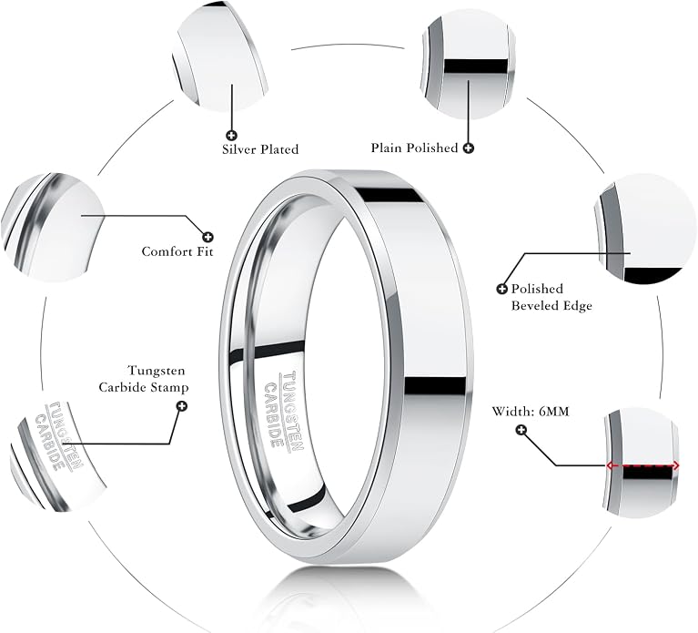 Vakki Tungsten Ring for Men 4mm 6mm 8mm Silver Plain Engagement Wedding Band High Polish Finish and Beveled Edges Comfort Fit Size 5-12