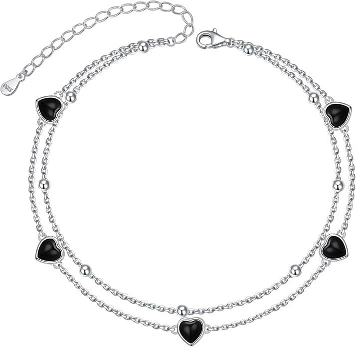 Flyow Anklet for Women S925 Sterling Silver Adjustable Foot Beaded Heart Charm Ankle Bracelet Anklets Jewelry