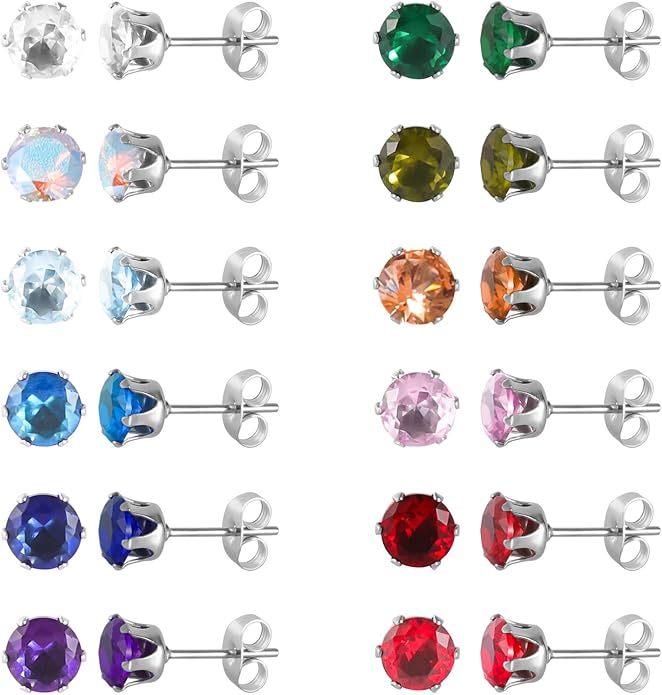12 Pairs Surgical Stainless Steel Stud Earring Round Heart Star Square Cubic Zirconia Birthstone Stud Earrings Set for Women
