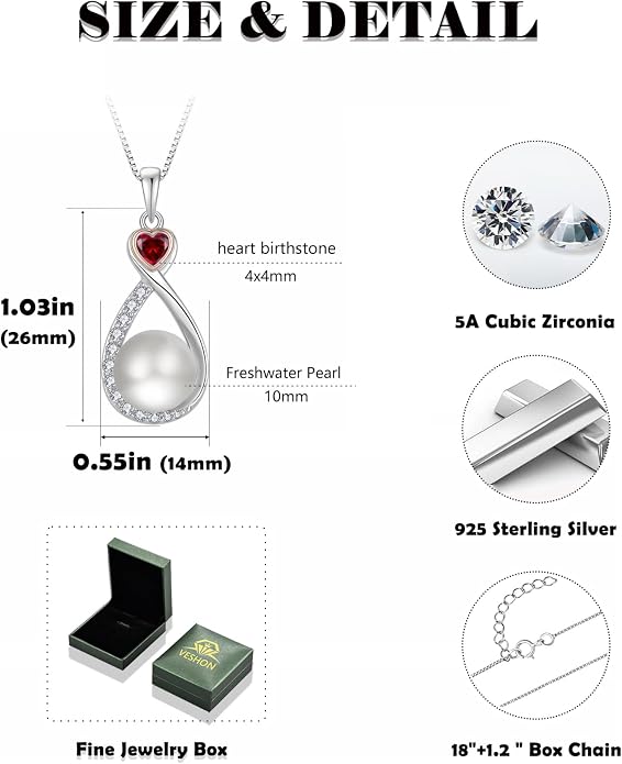 Heart Birthstone Pearl Pendant Necklace, 925 Sterling Silver Infinity Necklace with 10mm Freshwater Cultured Pearl & 4mm Gemstone Jewelry for Women