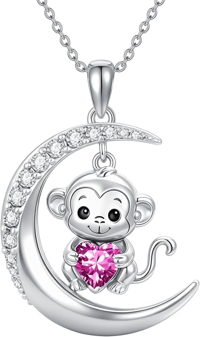 PROESS Animal Birthstone Necklace 925 Sterling Silver Otter/Axolotl/Hippo/Elephant/Dachshund/Monkey/Red Panda Pendant Necklace Animal Birthstone Jewelry Gifts for Women