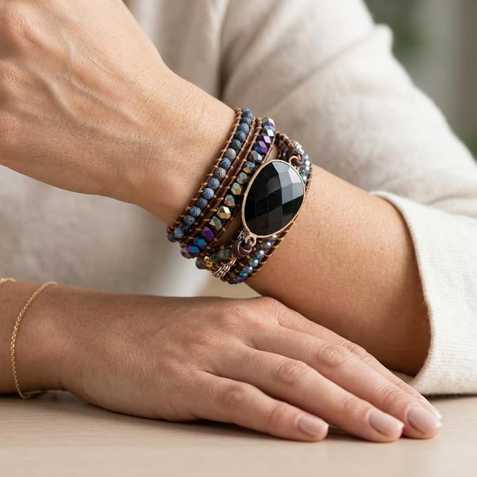 YGLINE Boho Handmade Wrap Leather Tube Crystal Stone Bracelet for Women