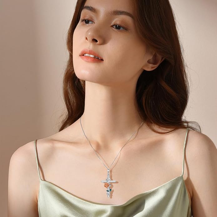 Cross Necklace for Women 925 Sterling Silver I Love You Necklace Religious Jewelry with Gift Box for Mother Daughter