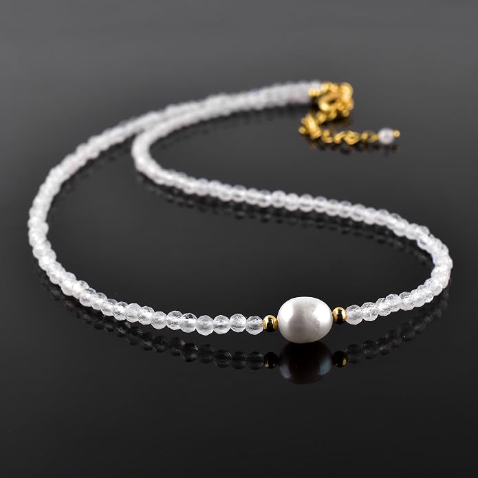 InfinityGemsArt Gemstone Gold Necklace For Women, Birthstone Natural Crystal Stone With Freshwater Pearl Beaded Jewelry, Gold Plated 18 Inch Chain