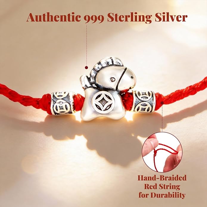 Sterling Silver Red String Bracelet with Hourse Charm, Zodiac Braided Cord Red Bracelet, Adjustable Good Luck Kabbalah String Bracele for Women Men Bracelet, Wealth Prosperity Symbol for Women Men, Handmade Energy Balance Yoga Jewelry for Gifts, Gift-R...