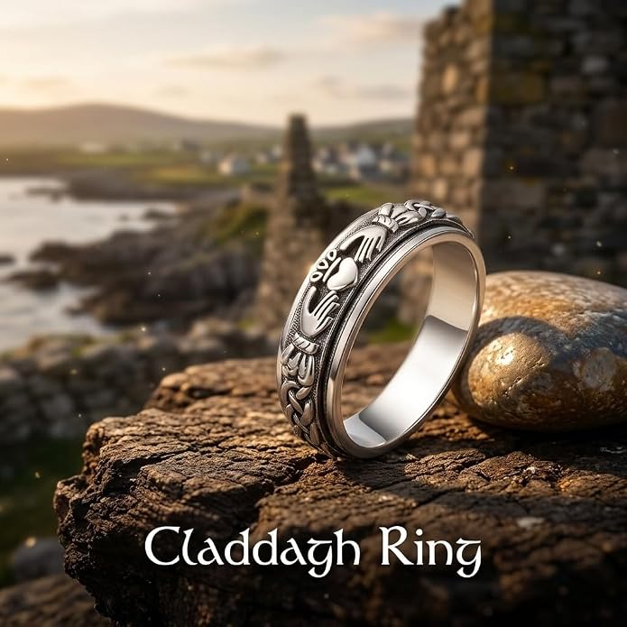 Claddagh Fidget Spinner Rings 18k White Gold Plated Celtic Knot Anxiety Ring Eternity Love Irish Claddagh Jewelry Gifts for Women Men Mom Wife (Size 7-10)