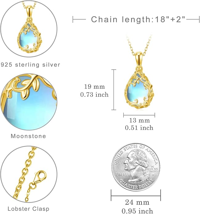 Teardrop Moonstone/Turquoise Necklace for Women 925 Sterling Silver Cage Filigree Necklaces Anniversary Birthday Jewelry Gift for Women