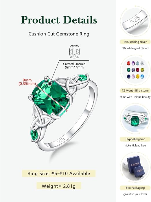 925 Sterling Silver Birthstone Rings for Women Cushion Cut Engagement Celtic Knot Ring Irish Jewelry Created Gemstone Anniversary Rings Size 6-10(with Box)