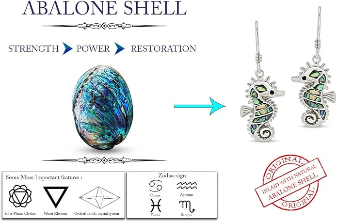 Abalone Shell Animal Dangle Earrings for Women (Kiwi Bird, Cat, Seahorse) in 14K White Gold Over 925 Sterling Silver, Iridescent Fishhook Drop Jewelry Gift