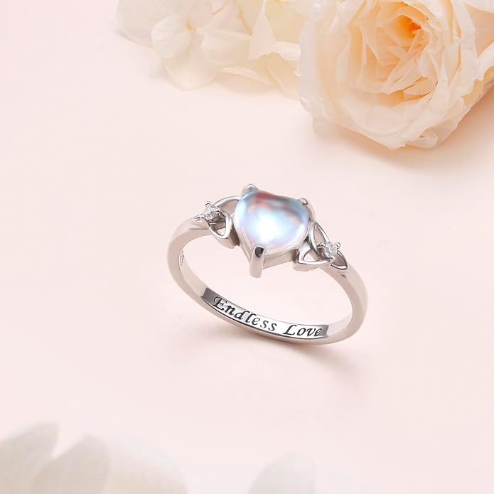 DAOCHONG Celtic Knot Ring For Women Heart Trinity Rings 925 Sterling Silver Infinity Moonstone Vintage Engagement Celtic Jewelry High Polish Tarnish Resistant Eternity Wedding Band Stackable Ring