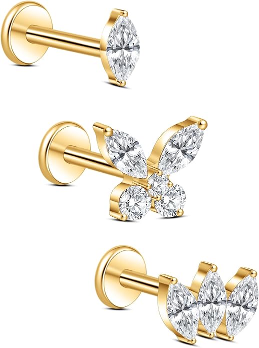 limerencia Titanium Internally Threaded Flat Back Earrings, 3 Pcs Implant Grade Hypoallergenic Studs, 18G Tragus Helix Conch Cartilage Piercing Jewelry for Sensitive Ears Women Men, Gold/Silver