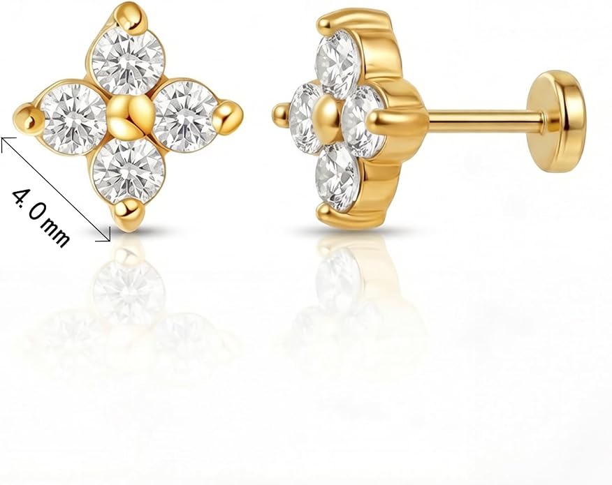 FANSING Short Threadless Cartilage Earring Stackable CZ Birthstone Flat Back Earrings for Women Small Stud Earrings for Tragus Helix Earlobe 18K Gold Plated ‌Rainbow 5.0mm