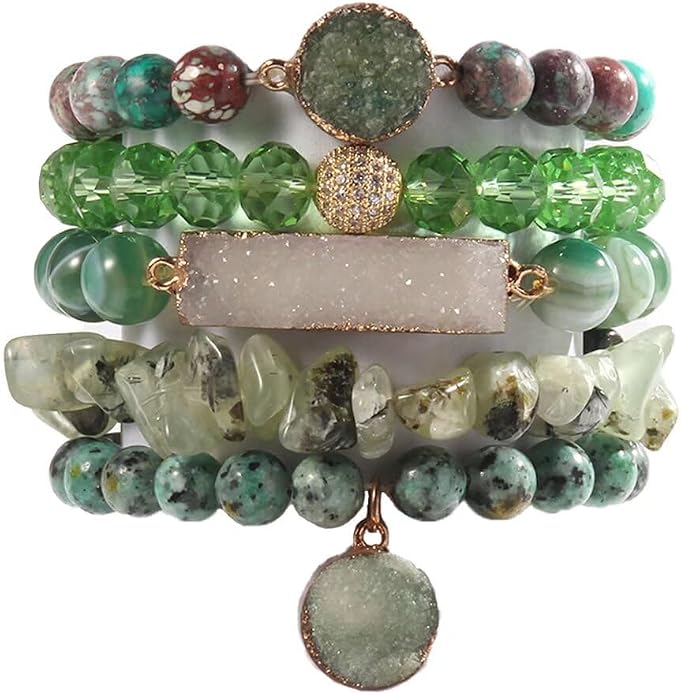 Yomisa 5PCS 6PCS Natural Boho Beaded Bracelets/Bangle for Women Men,Healing Turquoise Jasper Agate Crystal Gemstone Stone Chakra Multilayer Wrap Bohemian Handmade Jewelry Beads Stretch Bracelet Set
