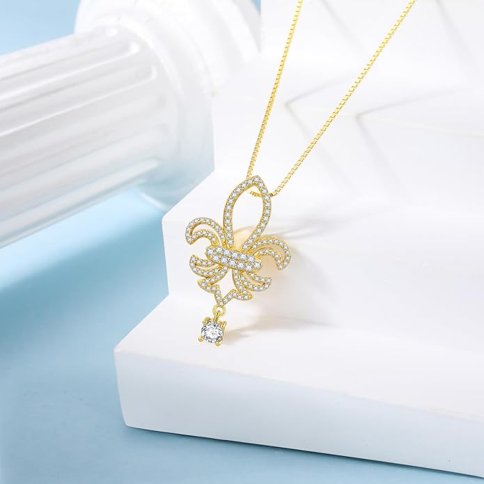 925 Sterling Silver Butterfly/Crescent/Witches Knot/Fleur-De-Lis/Thorny Crown Pendant Necklace Gold Plated Gemstone Birthday Gift for Wife Girlfriend Mom Daughter