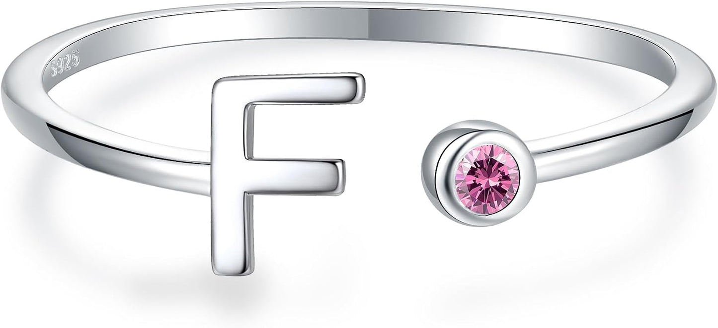 925 Sterling Silver Initial Letter Birthstone Rings for Women Adjustable 1-12 Month Birthstone Alphabet Stacking Ring for Teens Girls Stackable Birthstone Rings Birthday Jewelry Gift for Daughter Mom