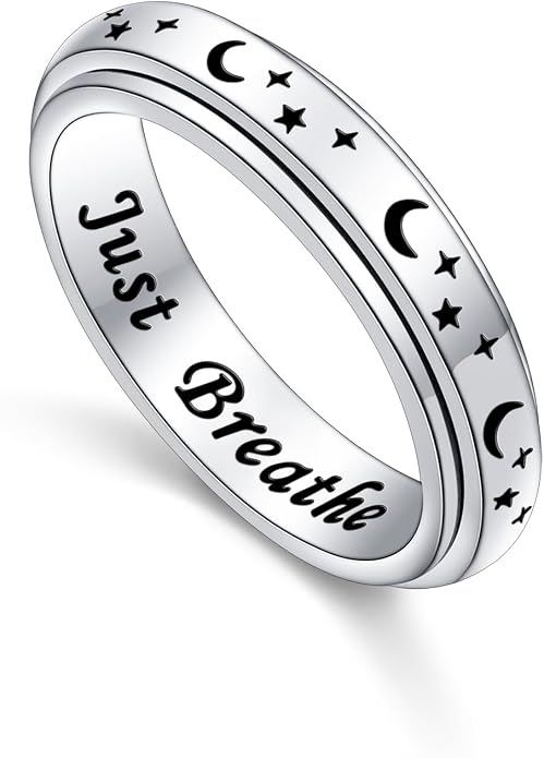 Alphm S925 Sterling Silver Spinner Fidget Anxiety Worry Relieving Boredom ADHD Autism Band Rings