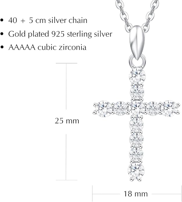 Carleen Cross Necklace For Women Yellow Gold Plated Sterling Silver Cubic Zirconia CZ Simulated Diamond Cross Crucifix Pendant Necklace Jewelry Easter Gift for Women, 18" Silver Chain Nice Gifts Jewelry Box