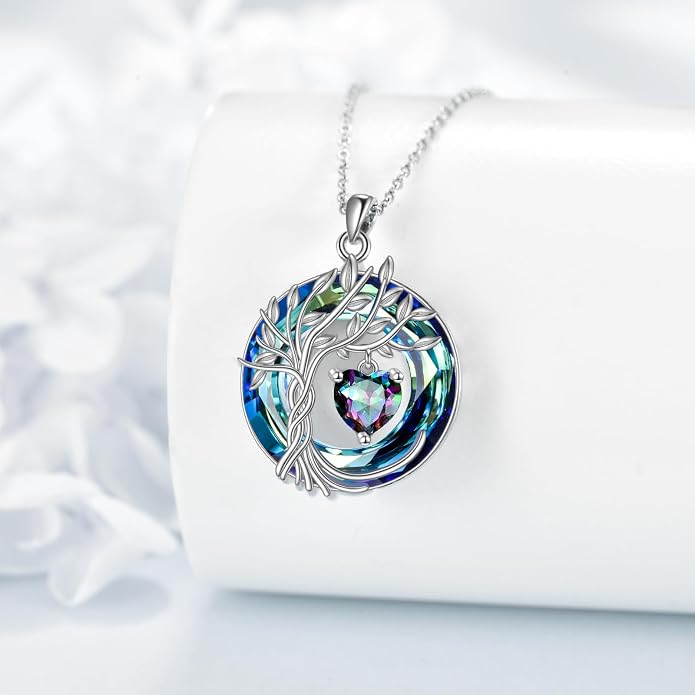 POPLYKE Mothers Day Gifts for Mom Her Wife Tree of Life Necklace 925 Sterling Silver Birthstone Pendant with Crystal Anniversary Birthday Wedding Jewelry for Women