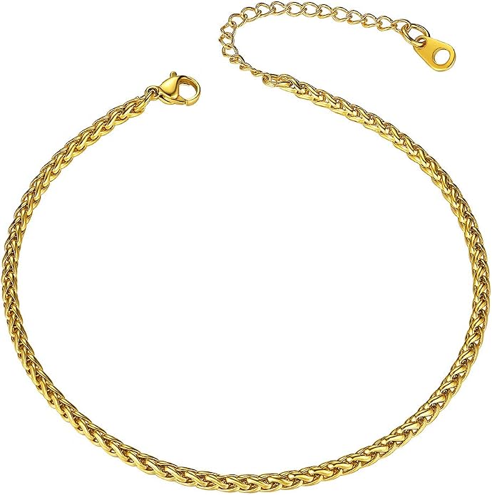 GoldChic Adjustbale Link Chain Anklet for Women Summer Jewelry, 316L Stainless Steel Figaro/Wheat/Twist Rope/Cuban Foot Bracelet-Waterproof, Resizable 9"-12" (Gift Box Included)