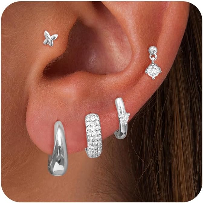 Small Chunky Stud Hoop Stacks Earrings for Women Hypoallergenic Silver Gold Flat Back Stud for Sensitive Ears Small 14K Gold Plated Huggie Cubic Zirconia Cartilage Earrings Set for Multiple Piercing Jewelry Gifts for Women 5 Pairs