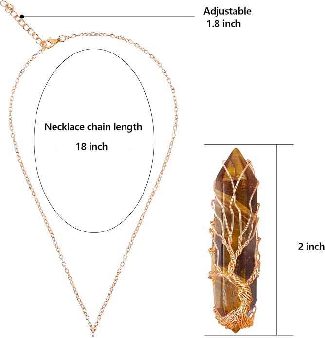 VIBILIA Healing Crystal Necklace Tree of Life Wire Wrapped Natural Stone Point Pendant Necklace Hexagonal Reiki Spiritual Quartz Gemstone Jewelry for Women Men