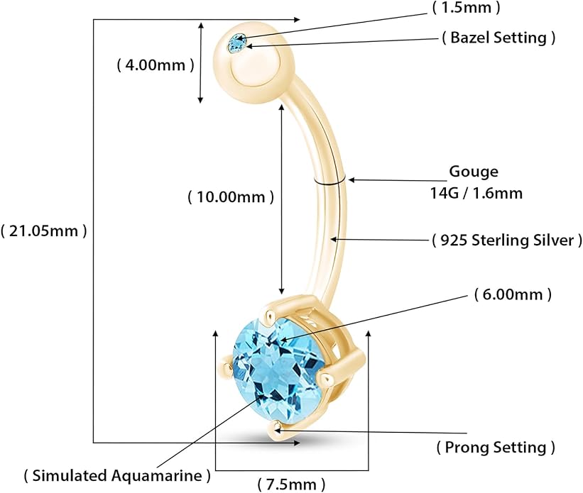 AFFY Round Shape Body Piercing Curved Barbells, Floating Navel Belly Piercing Button Premium Surgical Steel Ring in 14K Gold Over Sterling Silver