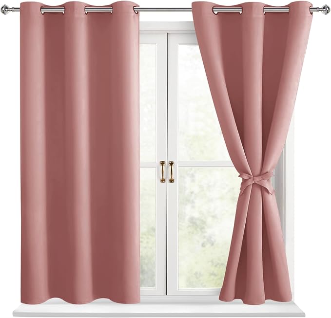 Hiasan Blackout Curtains for Bedroom - Light Blocking & Noise Reducing Window Curtains for Living Room, 2 Drape Panels Sewn with Tiebacks, Dusty Rose, 38 x 54 Inch