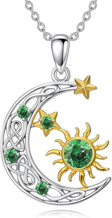 PELOVNY Sun and Moon Necklace for Women 925 Sterling Silver Sun Moon Star Birthstone Pendant Necklaces Birthday Christmas Jewelry Gifts for Mom Daughter Wife Sister