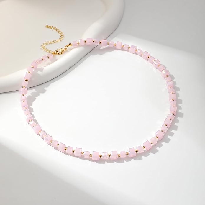 LALAPPLE Colorful Beaded Gemstone Necklace for Women, Boho Rainbow Bead Choker with Natural Stone Crystal Beads, Handmade Summer Beach Necklace Jewelry