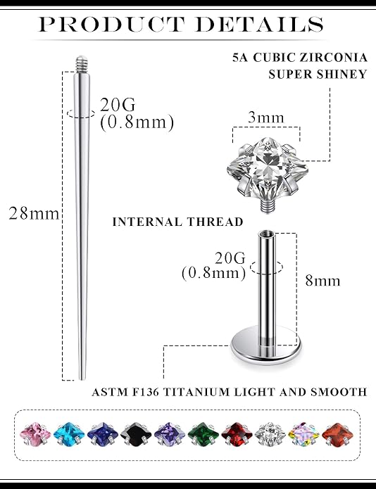 20G 18G 16G Astm F136 Titanium Internal Thread Flat Back Earrings Nose Studs Tragus Helix Conch Cartilage Lobe Earrings Medusa Labret Snake Bite Monroe Lip Ring Piercing Jewelry For Women Men