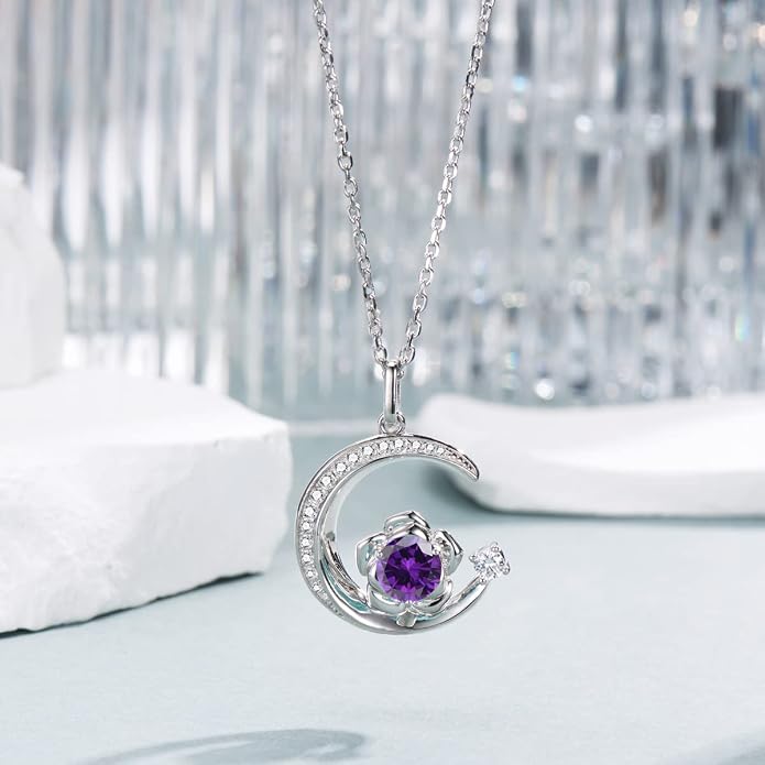 Birthstone Necklace for Women Sterling Silver Moon Pendant Necklaces Anniversary Birthday Fine Jewelry Gifts for Her Women Mother, Adjustable Chain