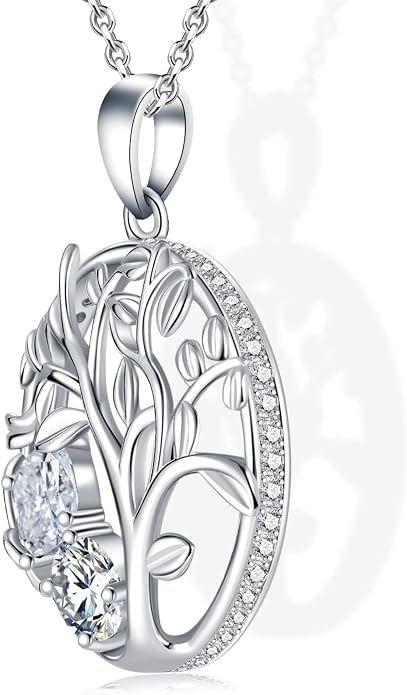 Tree of Life Birthstone Necklace for Women 925 Sterling Silver Birthstone Pendant 12 Months Necklaces with Zircon Birthday Gifts for Women, Mom, Grandma Cable Chain 18"+2"